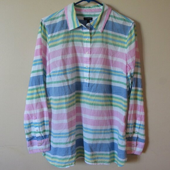 Talbots Popover Shirt sz Large Long Sleeve White Pink Blue Green Stripe Cotton - Picture 1 of 4